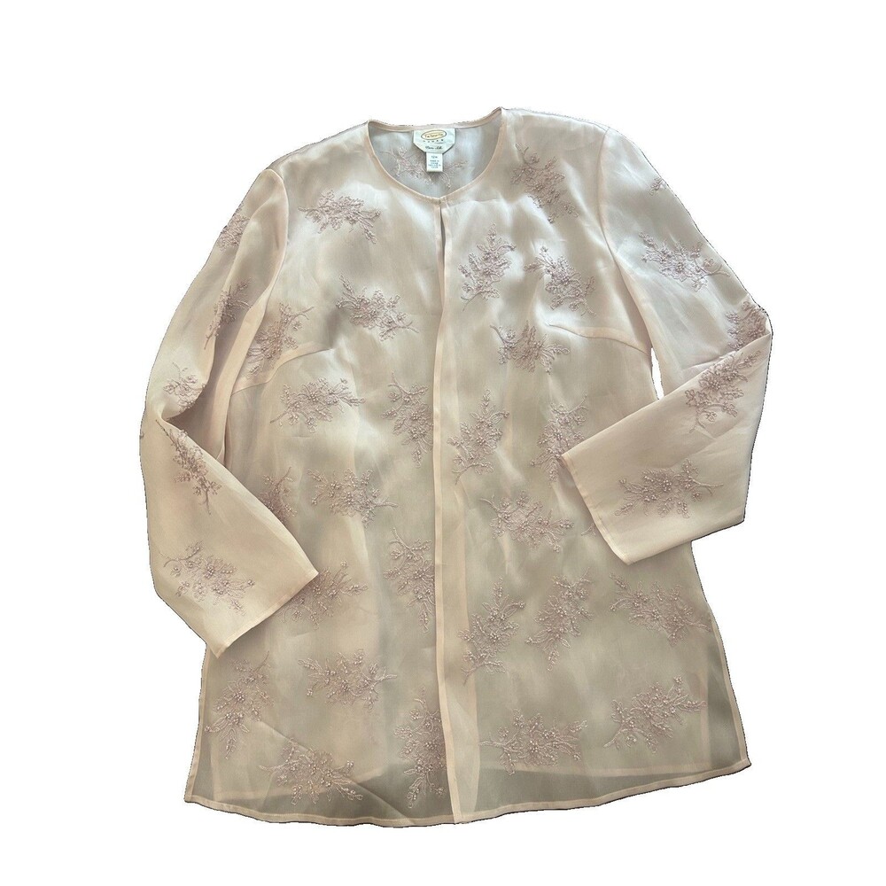 Vintage Talbots 12W Plus Silk Beaded Sheer Statement Jacket Blush Pink Floral